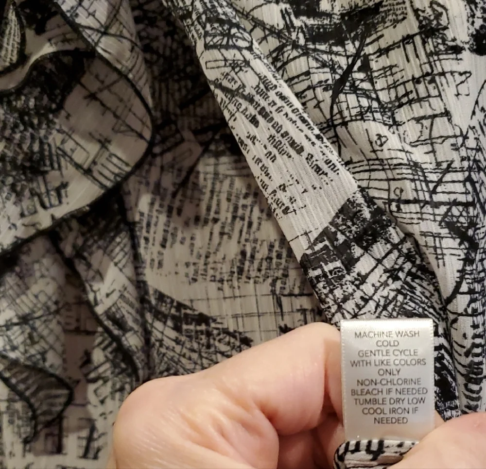 Christopher & Banks Black White Flowy Blouse Newspaper Print Cardigan Sheer Med. - Picture 9 of 16